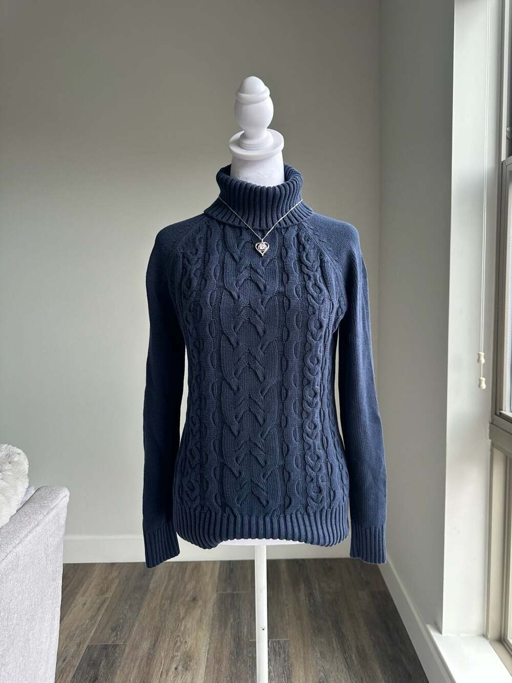 Tommy Hilfiger Steel Blue Cable Knit Turtleneck Sweater S